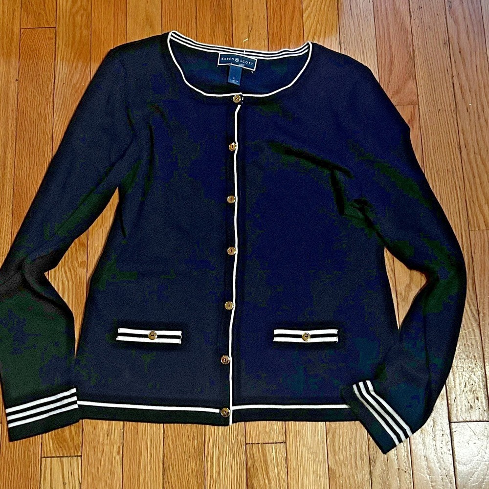 Karen Scott Navy Blue Button Up Cardigan Sweater White Trim Size Large T32-1